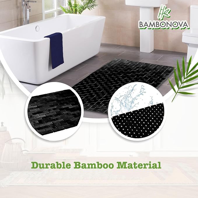 Bamboo Bath Mat Black 24 x 16 Inches and Soap Dish Set Bathroom Rugs Non Slip Washable Bamboo Shower Mat Bathtub Mat Non Slip for Kitchen Sauna Spa Hot Tub Outdoor Bathroom Décor