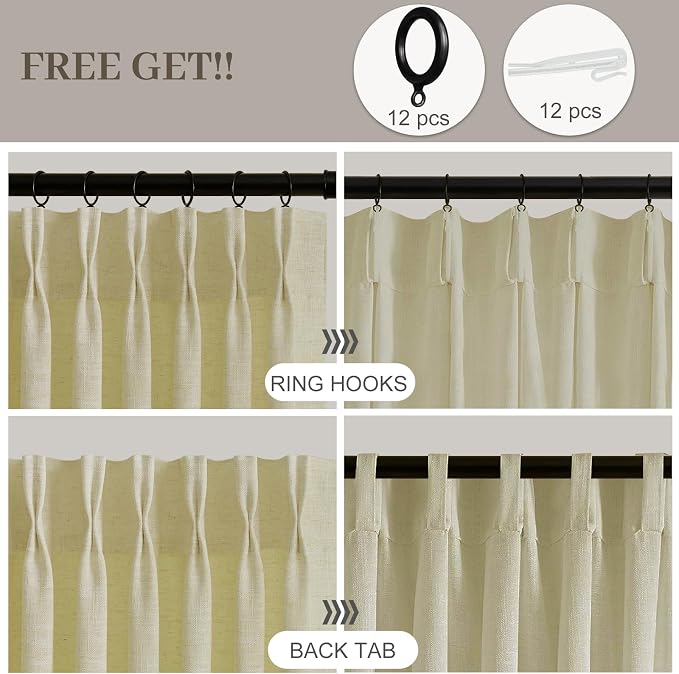 IVAPUPU 60 Inch Extra Width Pinch Pleat Curtains for Living Room, Linen Sheer Pleated Curtain Light Filtering Privacy Back Tab Drapes with Hooks Rings for Sliding Door, 1 Panel, W60xL102, Grey Beige