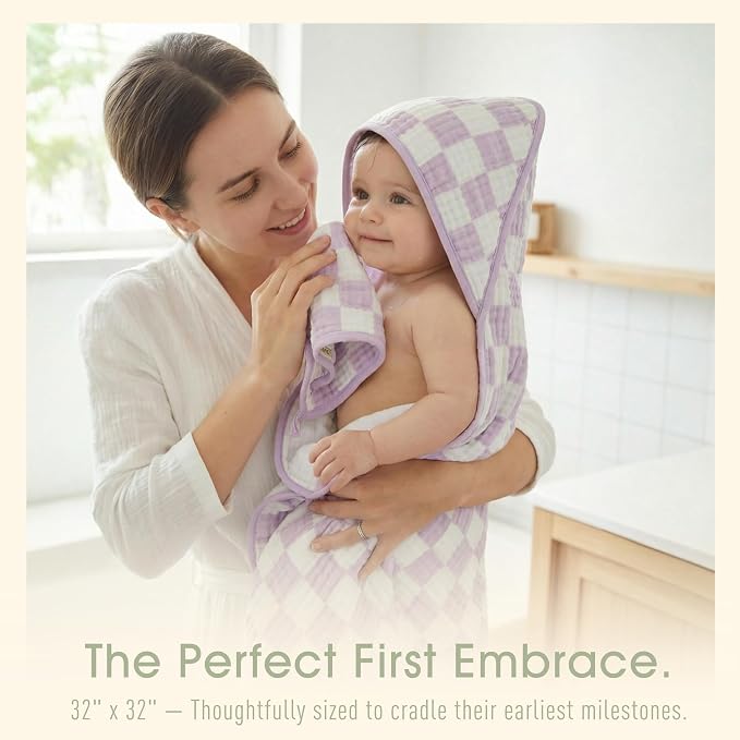 4-Piece Muslin Baby Towel Set - Made with Organic Cotton, (2) 6-Layer Bath Towels 32x32 & (2) Washcloths, Absorbent Bath & Beach, (Lavender)