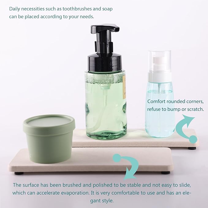 NiuYichee 2 Pcs Water Absorbing Stone Trays, Kitchen/Bathroom Sink Soap Dish, Diatomite Tray Used for Hand Soap & Cosmetic Bottles in The Modern Home, 3.15" W x 8.7" L, Light Gray