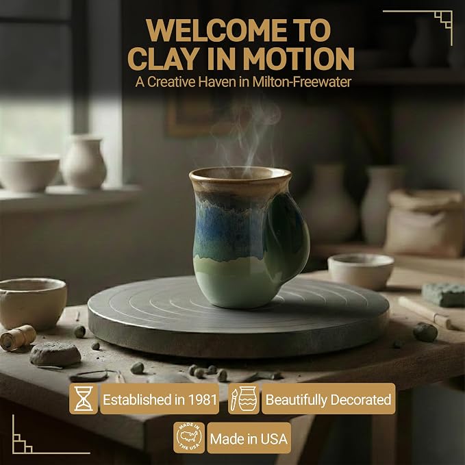 Clay in Motion Hand Warmer Coffee Mug – Handmade Coffee Mug With Comfortable Handle Contoured Pocket Hand Warming Ceramic Coffee Mug – Proudly Made in USA – Right Handed – 14 Oz - Mountain Meadows