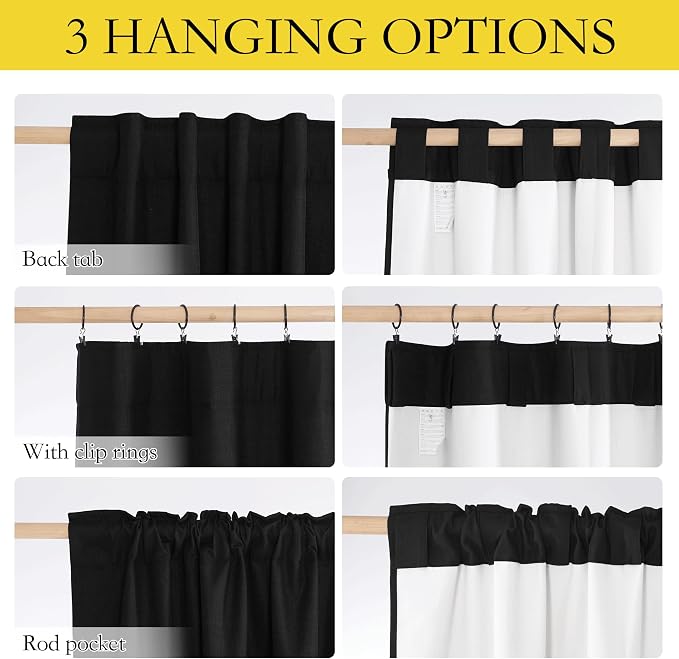 NICETOWN Black Truly Blackout Linen Blend Flax Drapes for Office, Vintage Back Tab 100% Blackout Curtains with White Liner Backing for Kitchen Dorm Window（Set of 2, 52" Wide x 63" Long