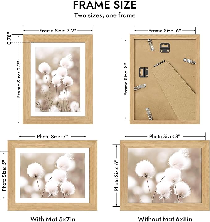 Hongkee 6x8 Oak Wood Picture Frame 1 Pack(Matted 5x7) with Real Glass Cover | Natural, 6 x 8 Solid Wood Frame for Wall or Tabletop Display - Includes Easel Back, Vertical Hang - Ideal for Home, Office