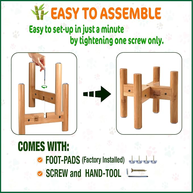 Dog Bowl Stand for Small-to-Medium Dogs - Adjustable, Easy Fold-Down, Comes with Foot Pads and Assembly Tool - Bamboo