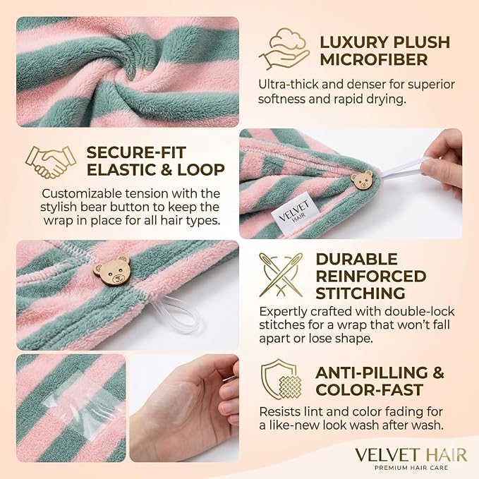 3 Pack Microfiber Hair Towel Wrap for Women, Fast Drying Hair Turban with Button, Anti-Frizz Large Hair Towel for All Hair Styles, Soft & Absorbent Hair Drying Towel