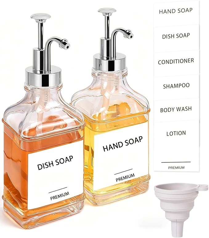 Dish Soap Dispenser for Kitchen, Hand Glass Soap Dispenser Set with Pump, Funnel for Bathroom, Shower, Laundry, Liquid, Lotion (Silver 2 Pack 18 Oz Clear Bottles with 12 Stickers)