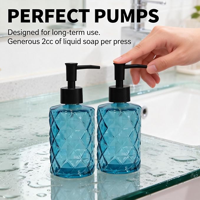 Glass Hand and Dish Soap Dispenser Set of 2 with Plastic Pumps, Bamboo Tray, 12oz Blue Bathroom Soap Dispenser with Diamond for Hand Wash & Dish Wash, Ideal for Bathroom Kitchen Countertop