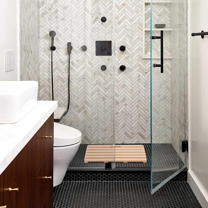 Wooden Bath Mat Non-Slip Hinoki Cypress Wood Shower Mat Waterproof Luxury Spa Bathtub Mat for Indoor or Outdoor Use, 21 x 14 x 1 Inches