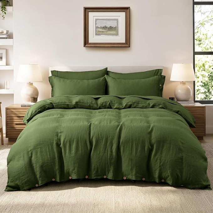 S VICTORY SYMBOL 100% Organic Linen Duvet Cover Set Queen Size,Natural French Washed Flax Bedding Set 3PCS(1 Duvet Cover and 2 Pillowcases) with Coconut Button Closure,Juniper Green