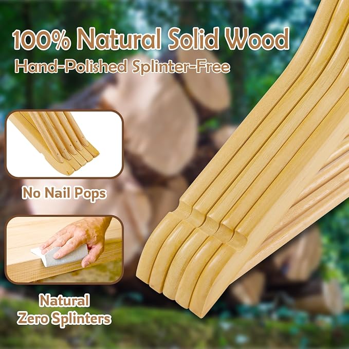 Wooden Hangers, 30 Pack Slim Wood Coat Hangers with Extra Smooth Finish, Precisely Cut Notches and Chrome Swivel Hook, Wooden Clothes Hangers for Shirt Suit Jacket Dress, Natural