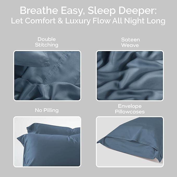 Pillow Cases King Size Set of 2 Pillowcases 100% Viscose from Bamboo Cooling Pillowcases, Soft & Breathable Pillow Case with Envelope Closure, Blue Pillow Cases (Storm)