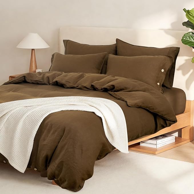 S VICTORY SYMBOL Pure Linen Duvet Cover Set 3pcs,Natural French Washed Flax Solid Color Breathable(1 Duvet Cover and 2 Pillowcases) with Coconut Buttons Closure(Full,Pinecone Brown)