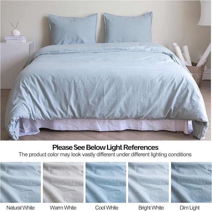 BISELINA French Linen Duvet Cover Set 3pcs with Hidden Zipper Closure Natural Flax Cotton Blend Solid Color Soft Breathable Luxury Farmhouse Bedding -Queen Size, Dusty Blue