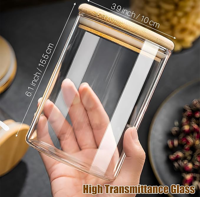 6 Pack Glass Food Storage Jars with Airtight Lids, Clear Glass Jar with Bamboo Lid, Airtight Food Canister for Tea, Candy, Coffee, Sugar, Cookie, Snack. (Round | 5+6 Inch) SET of 3
