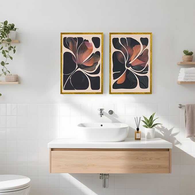 Abstract Floral Wall Art Prints Set of 2 Modern Mid Century Botanical Canvas Painting Posters Black Orange Flower Picture Wall Decor Aesthetic for Bedroom Home Decor 8x12inch Gold Framed