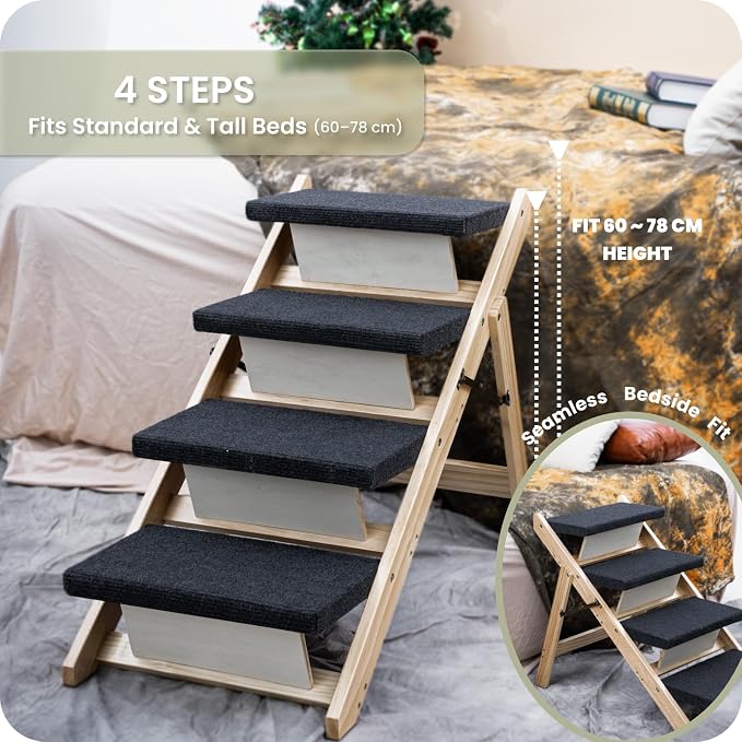 MEWANG Wood Pet Stairs & Ramp for Small/Medium Dogs and Cats, Aging Pets – 2-in-1 Foldable, Portable, Non-Slip Pet Ladder for Tall Beds, Couches,Cars–Holds Up to 220 lbs (24.8" L x 17.2" W x 19.5" H)