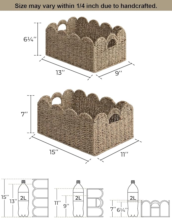StorageWorks Scalloped Wicker Basket, Woven Baskets for Storage, Rattan Baskets with Handles, Seagrass Basket for Organizing and Decor, 2 Pack