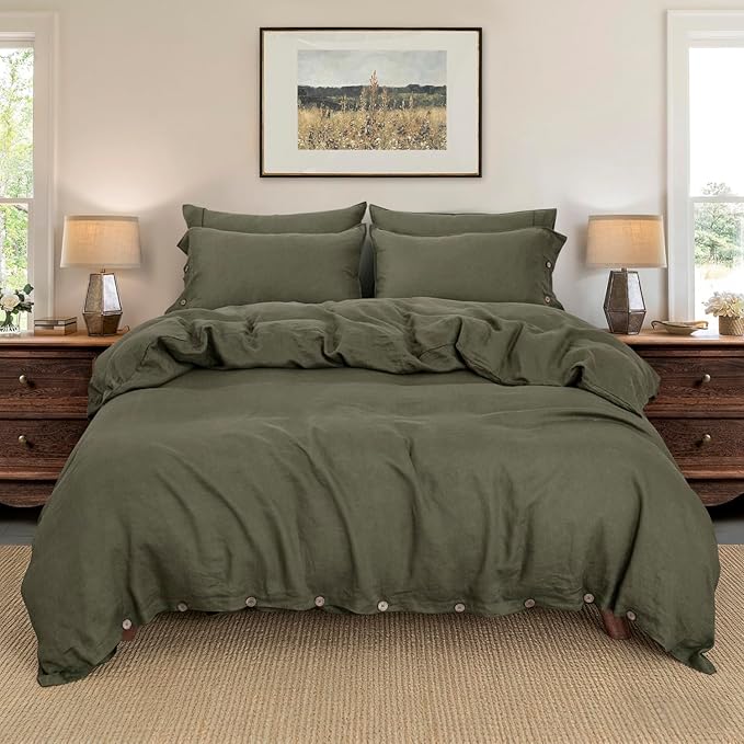 S VICTORY SYMBOL 100% Organic Linen Duvet Cover Set 3PCS King Size,Stone Washed Natural French Flax Bedding,1 Comforter Cover and 2 Pillowcases,Farmhouse Bedding Set(Burnt Olive)
