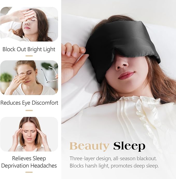 100% Mulberry Silk Sleep Mask, Comfortable Soft for Deep Sleeping, Blackout Effect, Adjustable Length, Eye Masks for Sleep Women and Man, Travel&Office&Daily use (Black)
