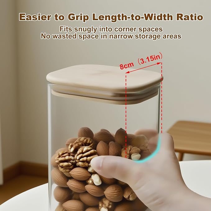 Rectangle Glass Jars with Lids - Glass Food Storage Containers with Bamboo Lids - Spaghetti Storage Jar - Stacking Tea Coffee Sugar Canisters - Airtight Storage Jar (16.91oz*2+40.58oz*2+60.87oz*1)