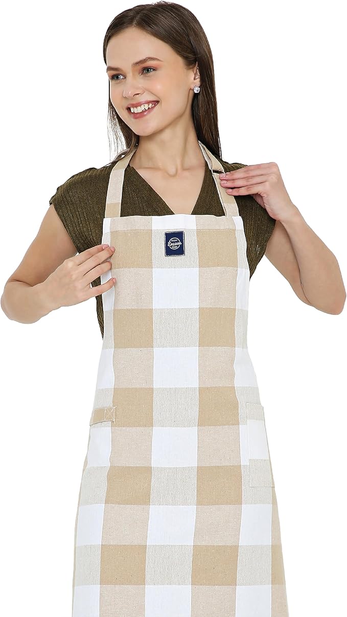 Encasa XO Cotton Kitchen Aprons for Women & Men with Pocket & Towel Loop, Adjustable Neck & Back Strap for Cooking, Baking