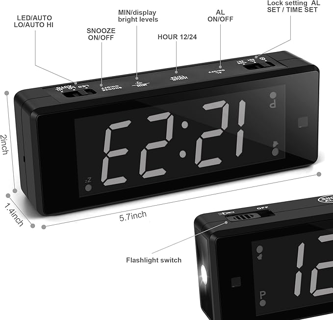 Digital Alarm Clock Battery Operated Night Visiable with Upgraded LED/LCD Time Display, Flashlight,Small Travel Clock for Bedroom Bedside (White Display)