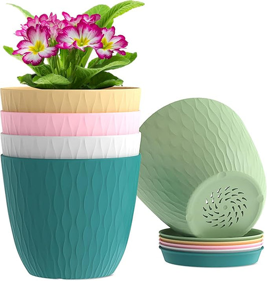 WSMKSZ 6 inch Flower Pots, 5 Pack Plant Pots with Drainage Holes and Saucers for Indoor Plants, Plastic Planters with Water Ripple for Small Garden House Plants, Nursery Pots for Succulent, Colorful