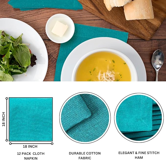 Cotton Dinner Napkin 18x18 inch Teal, Everyday, Wedding, Cocktail, Tailored with Mitered Corners & Generous Hem, Easy Care