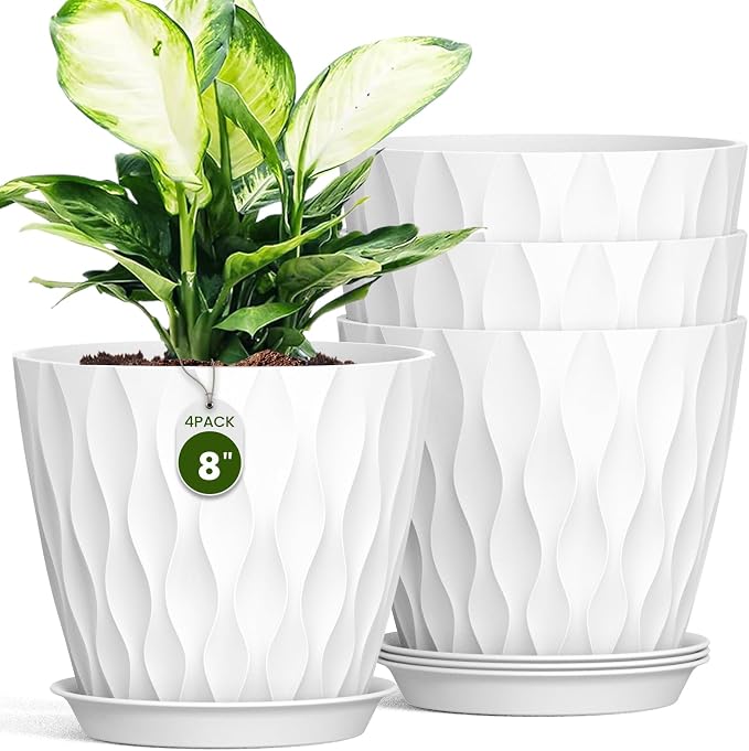 8 Inch Plant Pots 4 Pack Plastic Planters with Drainage & Saucers | 8 inch 4 pack plastic plant pots with 3D water ripple texture, drainage holes and saucers for indoor outdoor plants