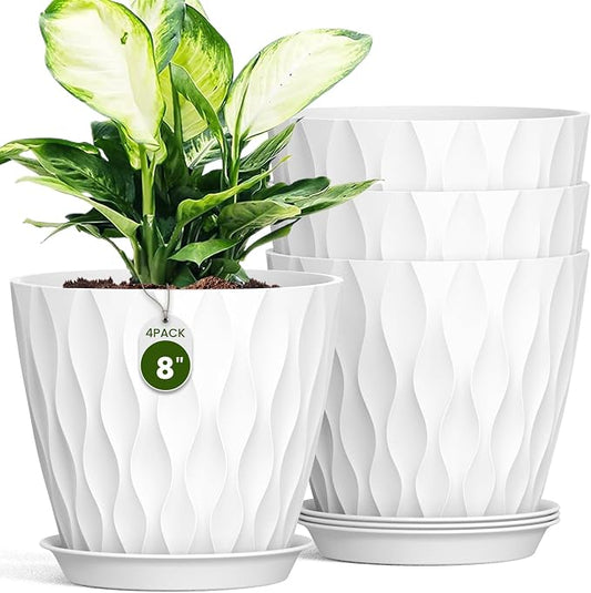8 Inch Plant Pots 4 Pack Plastic Planters with Drainage & Saucers | 8 inch 4 pack plastic plant pots with 3D water ripple texture, drainage holes and saucers for indoor outdoor plants