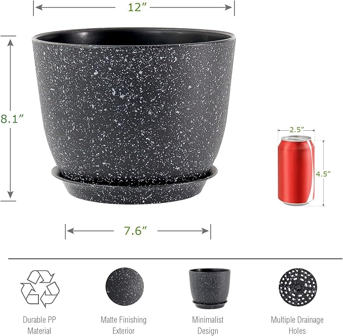 UOUZ 12inch Large Plant Pot, Modern Plastic Planter with High Driange Holes and Saucer for Indoor Outdoor Garden Plants and Flowers, Black Speckles