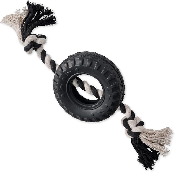 Pet Passion Natural Rubber Tire and Organic Cotton Rope Pull and Chew Dog Toy for All Pet Breeds, Black, Small