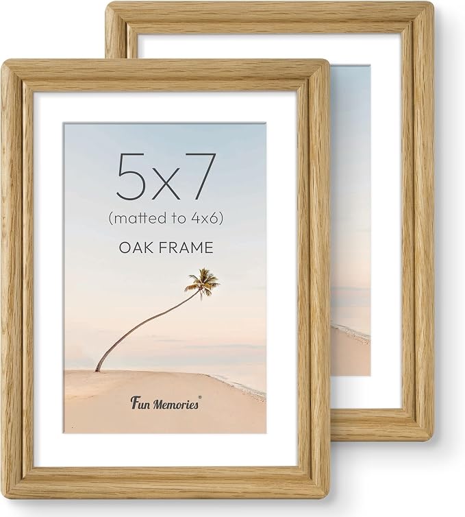 Fun Memories 5x7 Picture Frame with Mat for 4x6, USA-Sourced Oak Wood Handcrafted Rounded Corner with HD Tempered Glass, 5 x 7 Photo Frames Gallery Wall & Tabletop, Vertically or Horizontally, 2 Pack