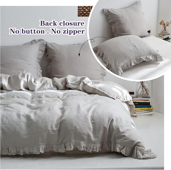 Simple&Opulence 100% Linen Euro Sham Covers with Ruffle, 26x26 Inch Pillow Covers Set of 2, Euro Pillow Shams for Bed Couch French Home Decor Luxury and Breathable Square Pillow Cases, Light Grey