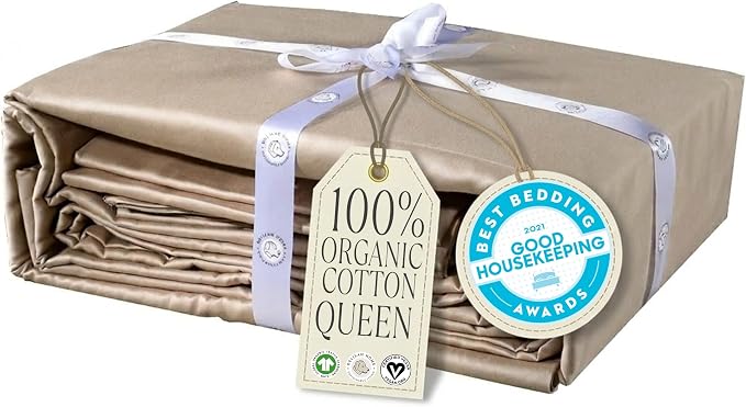 Delilah Home 100% Organic Cotton Queen Flat Sheet Set, GOTS & Vegan.org Verified, Long Stem 300 TC Sateen Bedding, Non-Synthetic, Deep Pocket Fitted Linen, Lightweight, All-Season, 4 Piece Set - Beige