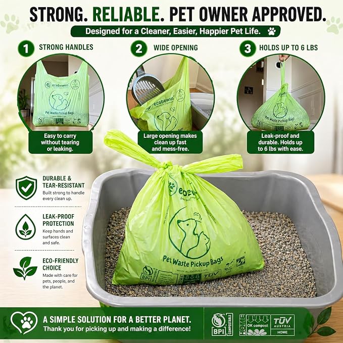 100% Compostable XL Pet Waste Bag (120 ct.) Plant-Based Cat Litter Bags Cornstarch-Based Doggy Poop Bags with Handles Compost Liners US BPI ASTM D6400 & OK Compost Home Certified (120 ct)