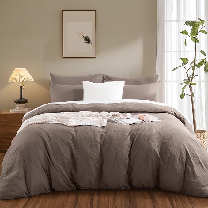 NEXHOME PRO 100% Washed Cotton Duvet Cover Twin Size, Ogranic Natural Linen Feel Breathable Bedding Set with Zipper Closure, 2 Pieces Duvet Cover Set Chocolate (No Comfortert) 6890