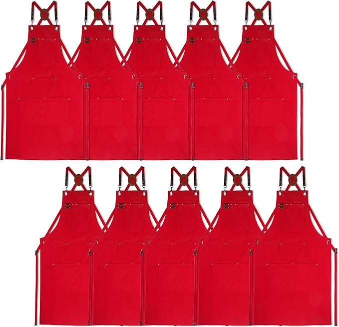 10 Pack Kitchen Aprons, Work Apron, Canvas, Multiple Pockets, Gardening, Painting, BBQ, Artist, Carpenter, Sizes M to XXL, Red