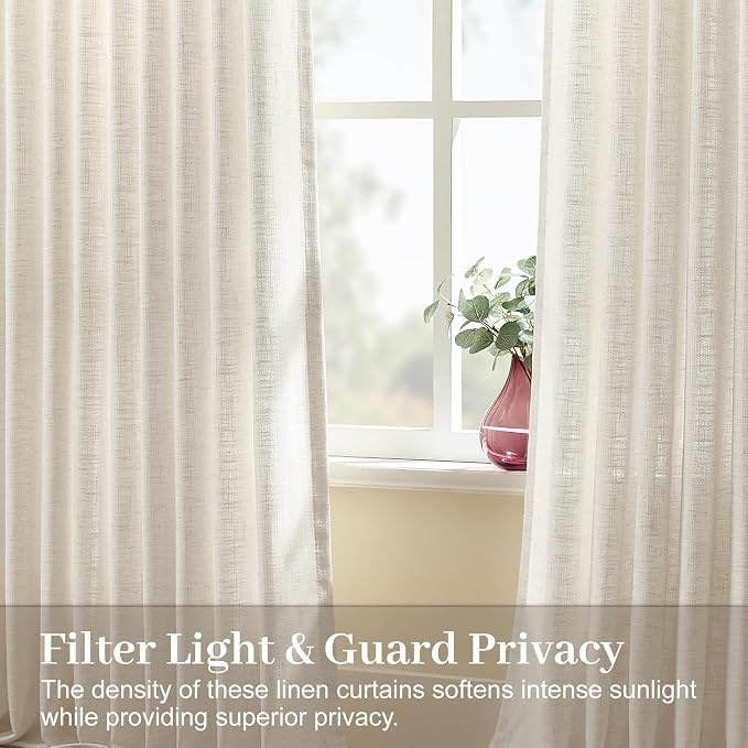 IVAPUPU Pinch Pleated Thick Linen Curtains 90 Inch for Living Room, Light Filtering Semi Sheer Curtains Memory Trained Back Tab Pleat Drapes for Bedroom Dining Room, 40x90, Natural, 2 Panels