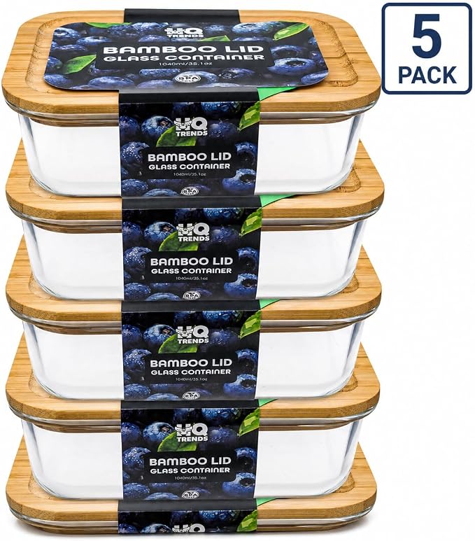 5 Pack 35.1oz Glass Containers with Bamboo Lids, Meal Prep Food Storage Containers, BPA Free, Microwave & Dishwasher Safe