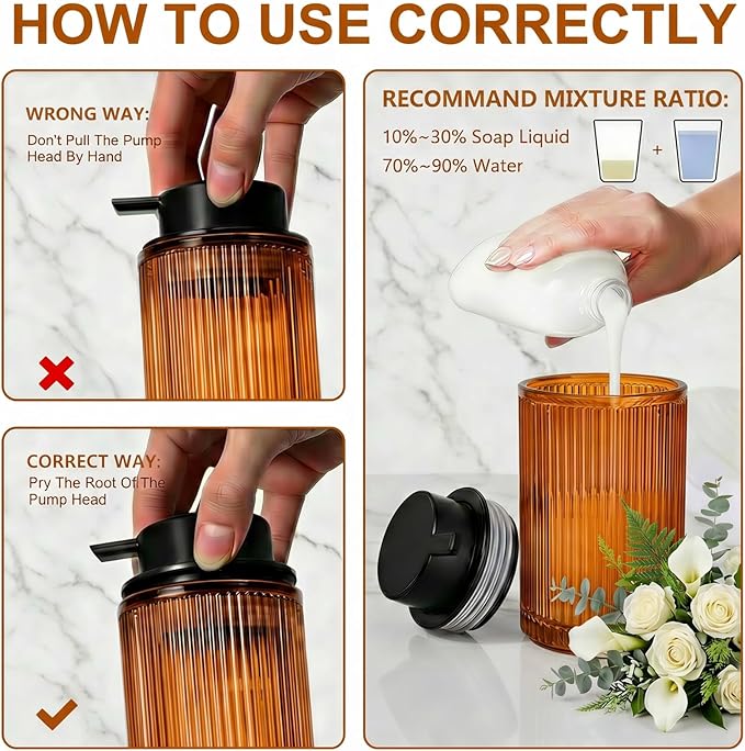 Amber Glass Foaming Hand Soap Dispenser with Matte Black Pump Thick Striped Bottle Refillable for Bathroom and Kitchen Decor 12 fl oz