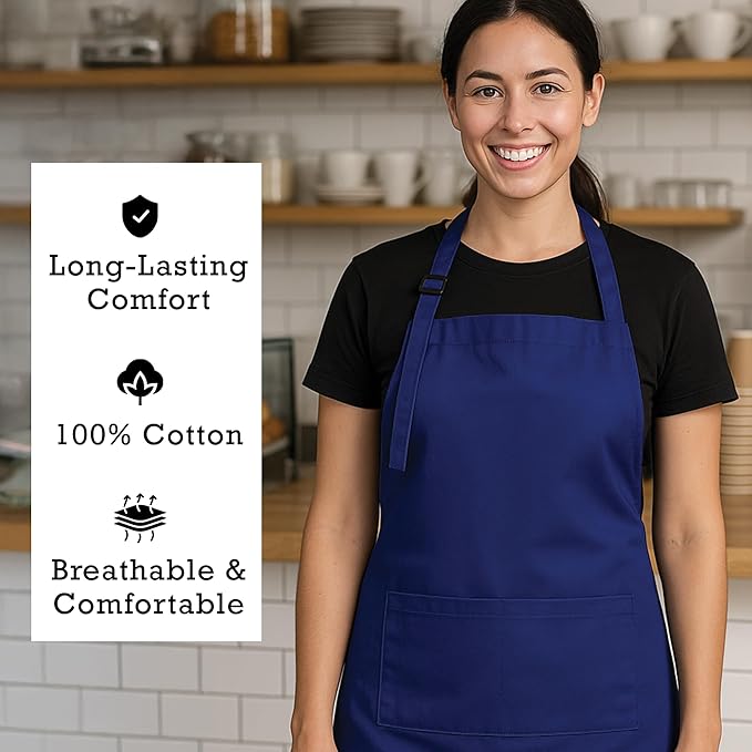 RAJRANG 100% Cotton Cooking Apron with 3 Pockets Kitchen Chef BBQ Adjustable Bib Aprons for Women Men