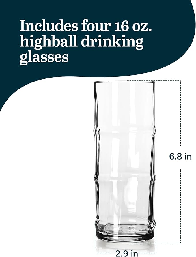 Libbey Tiki Bamboo Highball Drinking Glasses Set of 4, Iconic 16 Oz Tall Cocktail Glasses, Modern Drinking Glass Cups for Backyard and Summer Parties