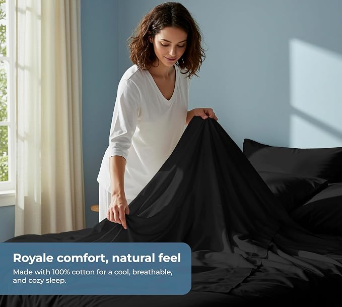 ROYALE LINENS 100% Organic Cotton Queen Sheet Set - Percale Weave - 4 Pieces Set - 1 Flat, 1 Deep Pocket Fitted Sheet and 2 Pillowcases - Black Bed Sheets - Sábanas Queen - Crisp Cool (Black)
