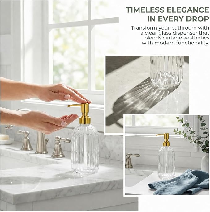 Clear Glass Soap Dispenser with Golden 304 Rustproof Stainless Steel Pump 18oz for Kitchen and Bathroom Hand Soap Dispenser Bottle