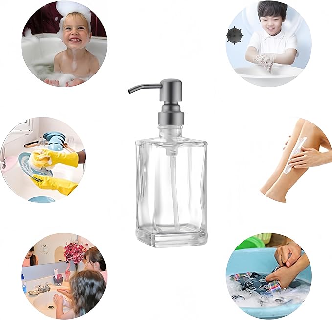 13.5 Oz Clear Glass Soap Dispenser with Rust Proof Stainless Steel Pump, Refillable Liquid Hand Soap Jar for Bathroom, Premium Kitchen Soap Dispenser (Brushed Nickel)