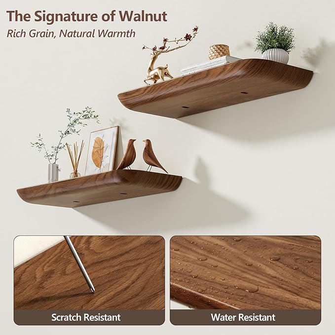 Solid Walnut Floating Shelves for Wall 16.5 Inch Set of 2, Round Edge Wall Mounted Shelf,Rustic Farmhouse Wooden Floating Shelf,Wood Wall Shelf for Bathroom Living Room,Bedroom,Kitchen