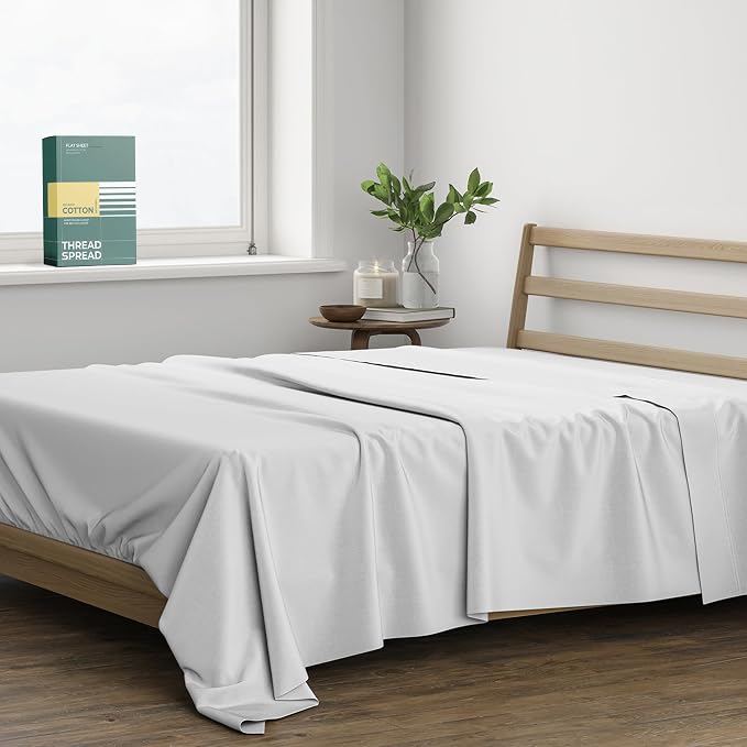 THREAD SPREAD 100% Organic Cotton Percale Flat Sheet Twin XL Size - 1 PC Flat Sheet, Light Grey - Crisp, Cool and Strong Bed Linen, Top Sheets for Hot Sleepers, Luxury Breathable GOTS Certified Sheets