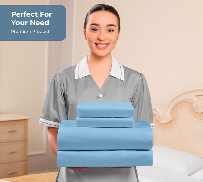 ROYALE LINENS 100% Organic Cotton Full Sheet Set - Percale Weave - 4 Pieces Set - 1 Flat, 1 Deep Pocket Fitted Sheet and 2 Pillowcases - Lake Blue Bed Sheets - Sábanas Full - Crisp Cool (Lake Blue)