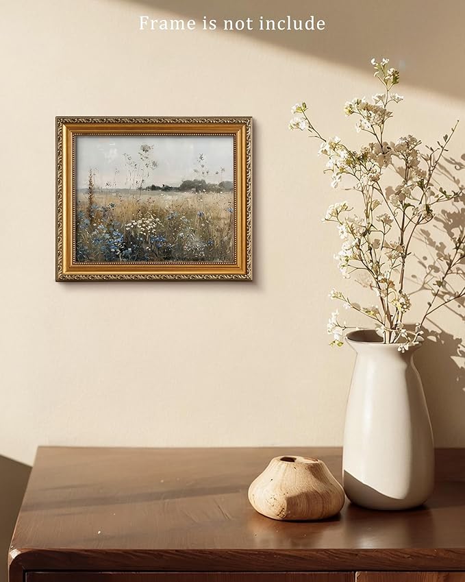 Vodefoad Wildflower Field Landscape Oil Painting, Vintage Spring Landscape Print, Cottagecore Landscape Wall Art, Retro Blue Wildflower Wall Art, Retro Botanical Art, Summer Spring Canvas Decor for Gallery Home Bedroom Farmhouse Bedroom - 8x10Inch Unframe